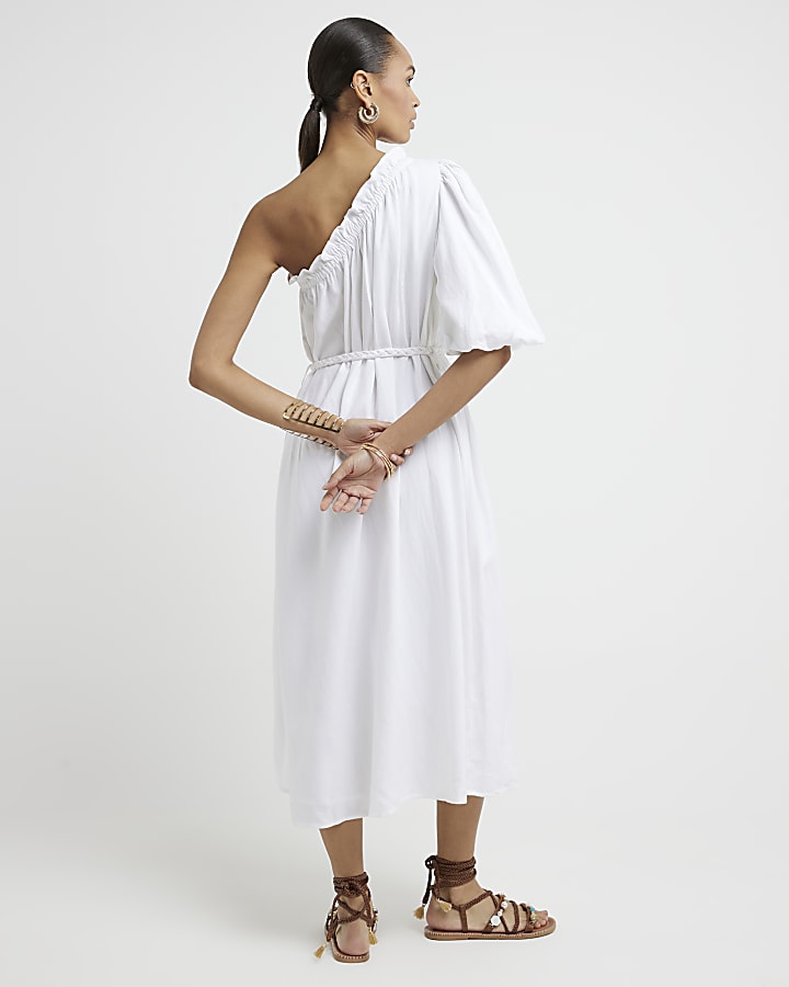 White linen blend belted shift midi dress