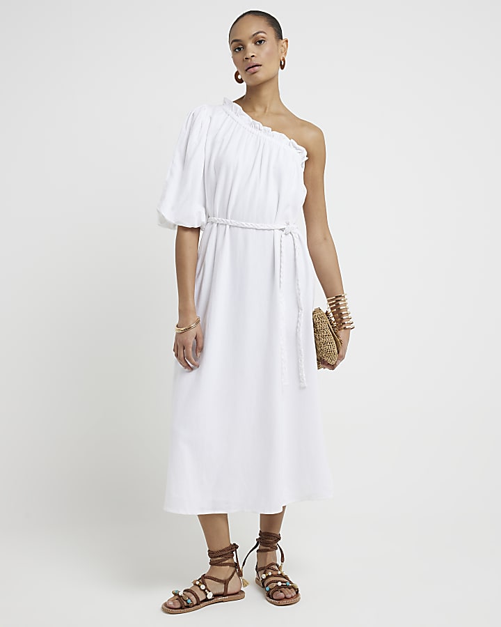 White linen blend belted shift midi dress