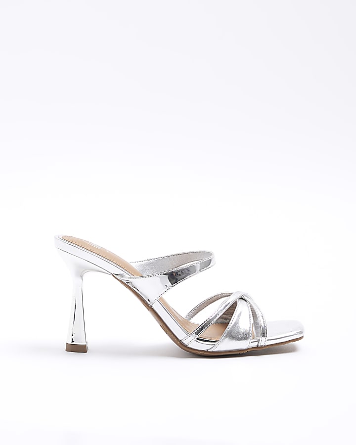 Silver cross strap heeled mule sandals