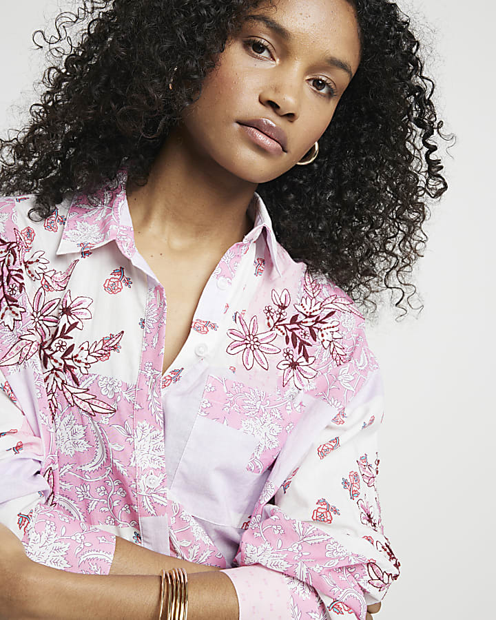Pink patchwork floral oversized fit shirt