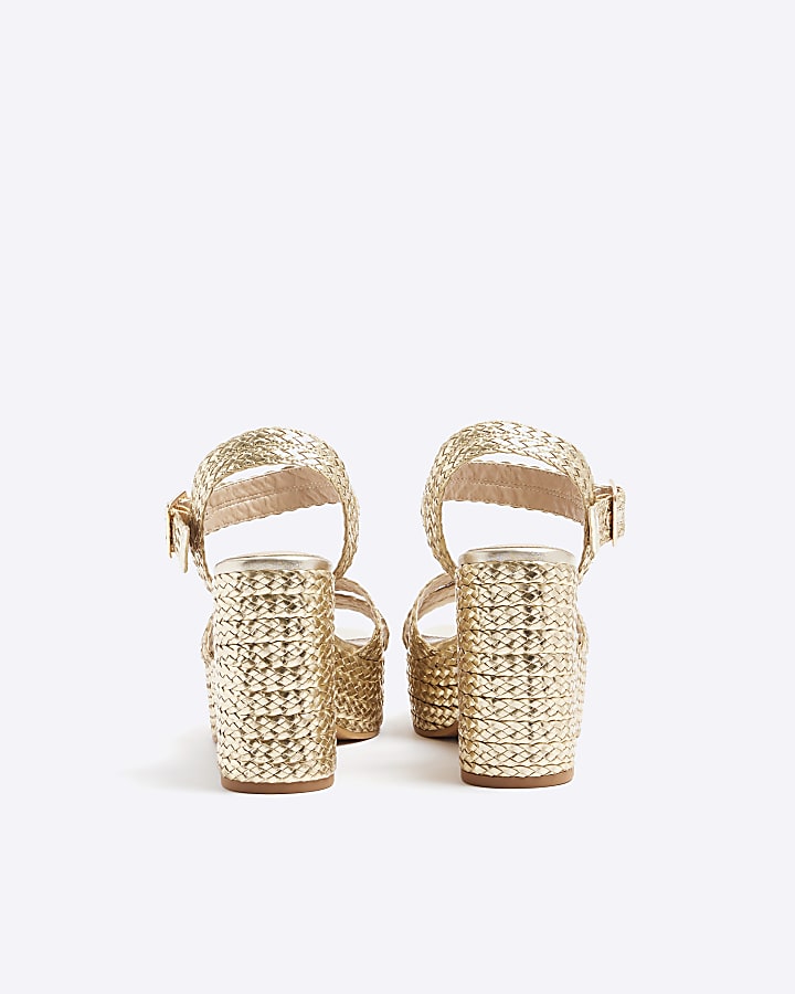 Gold raffia strap platform heeled sandals