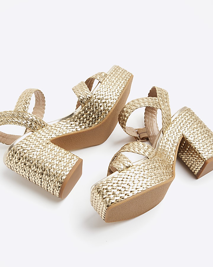 Gold raffia strap platform heeled sandals