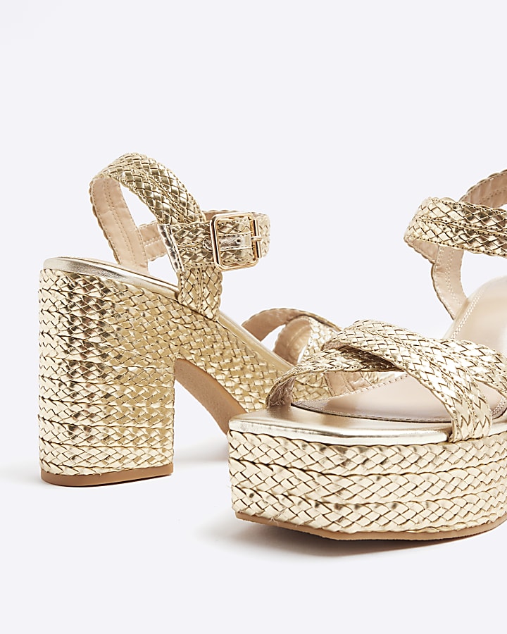 Gold raffia strap platform heeled sandals