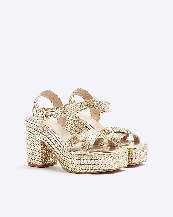 Gold raffia strap platform heeled sandals