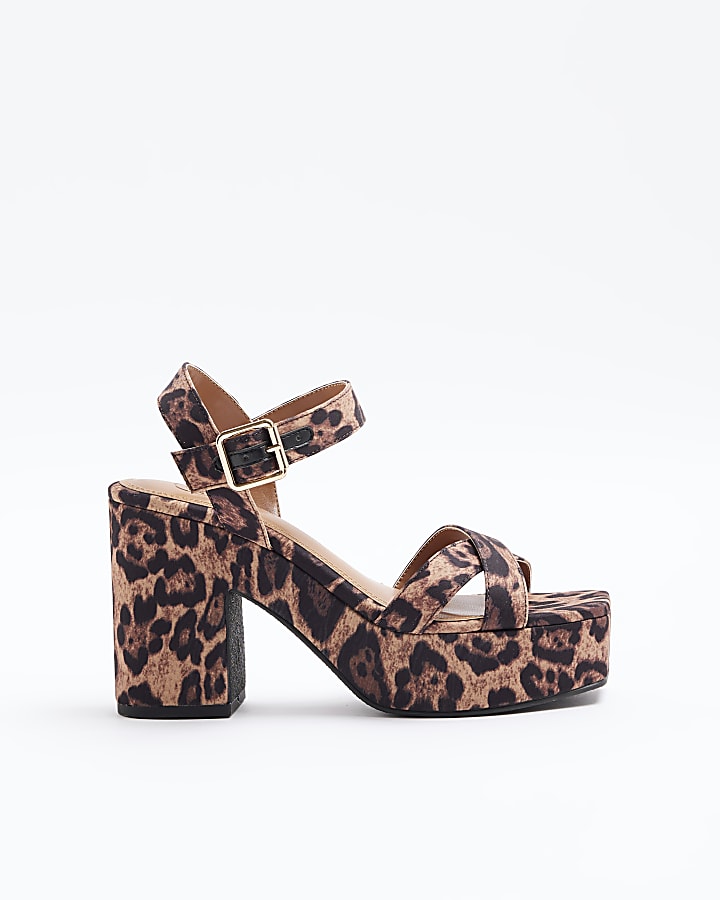 Brown Strap Leopard print Platform Sandals River Island