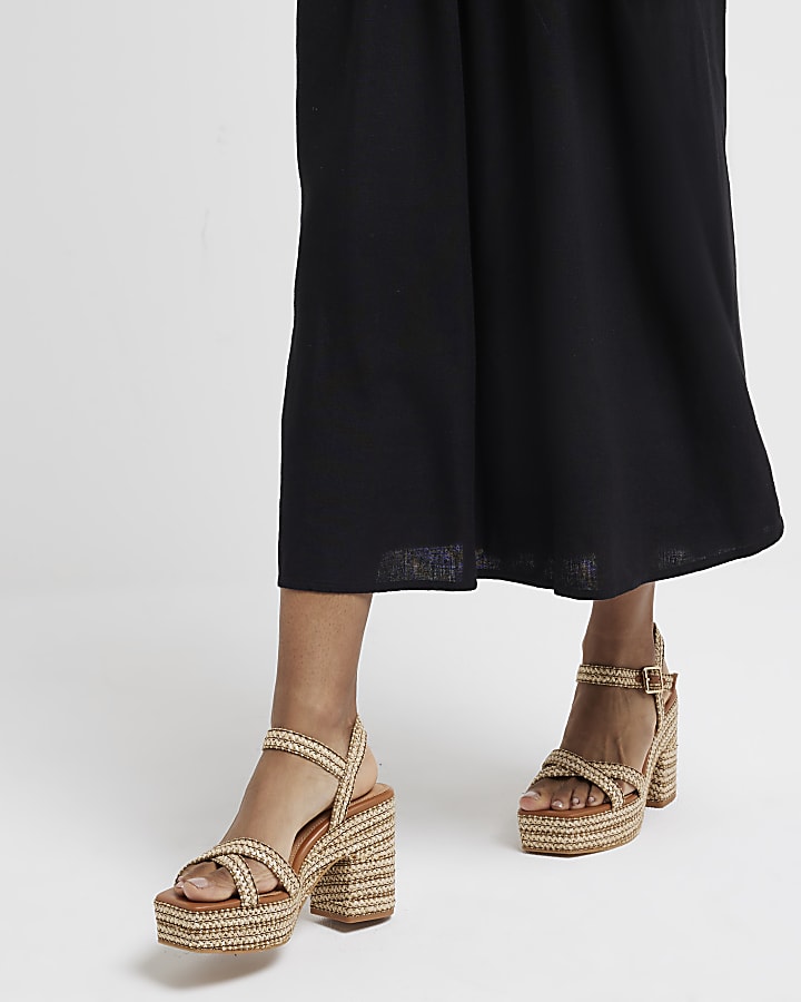 Beige raffia platform heeled sandals River Island