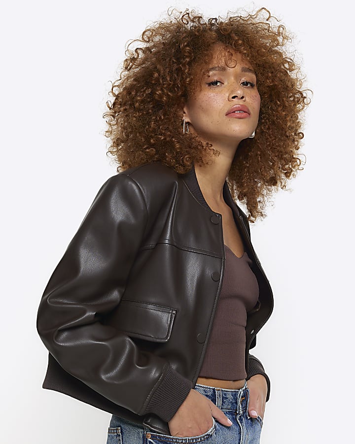 Brown faux leather crop bomber jacket