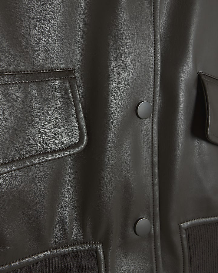 Brown faux leather crop bomber jacket