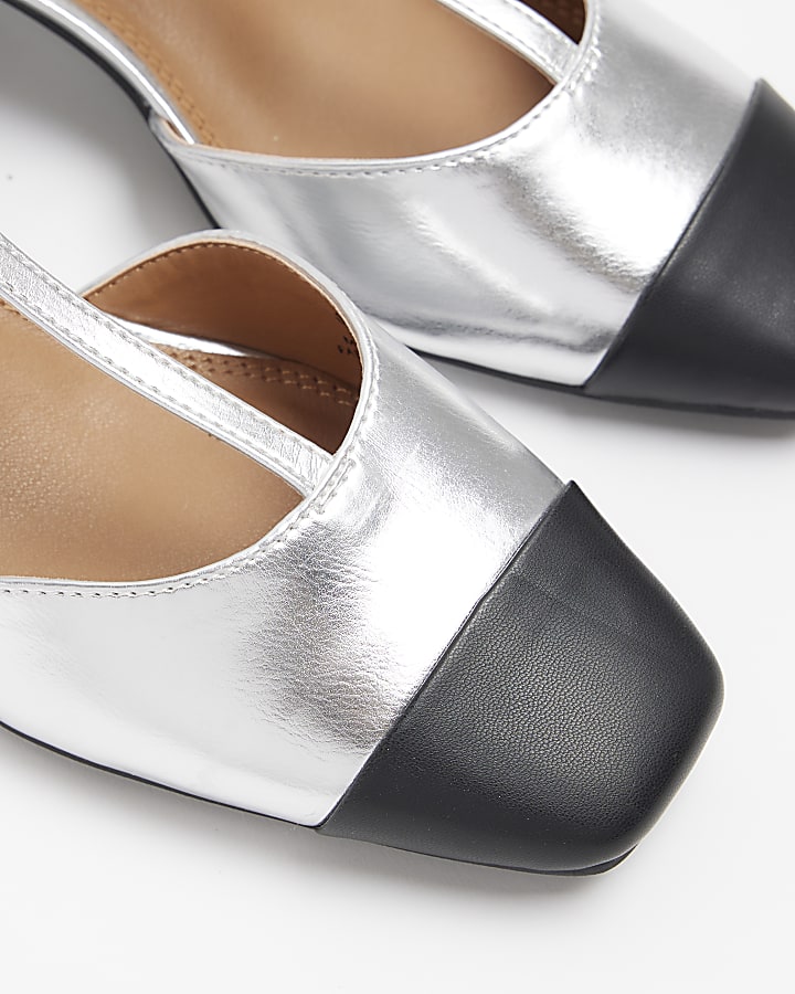 Silver block heeled court shoes