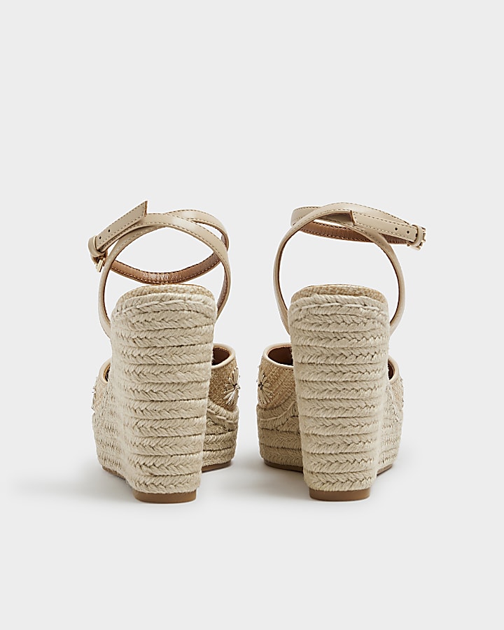 Beige embroidered espadrille wedge sandals