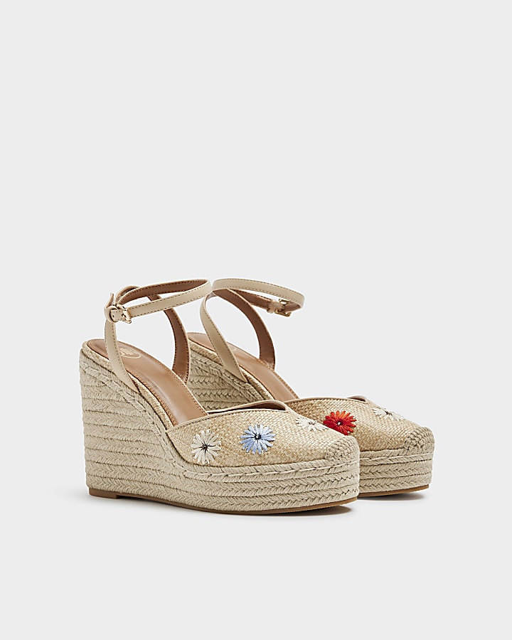 Beige embroidered espadrille wedge sandals