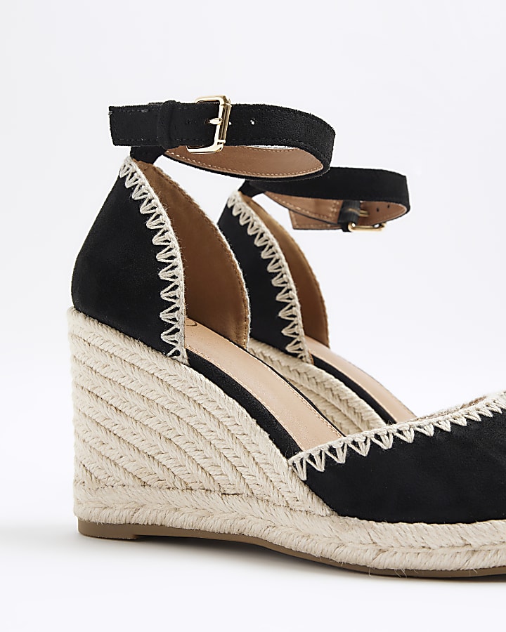Black stitch wedge espadrille sandals