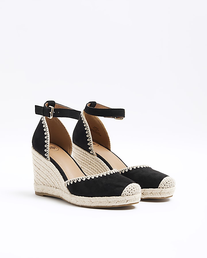Black stitch wedge espadrille sandals