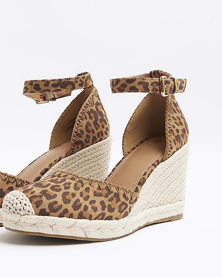 Brown leopard print espadrille wedge sandals