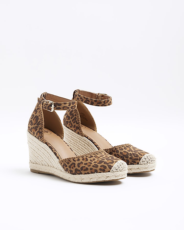 Brown leopard print espadrille wedge sandals