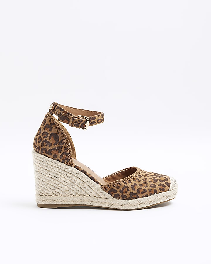 Brown leopard print espadrille wedge sandals River Island