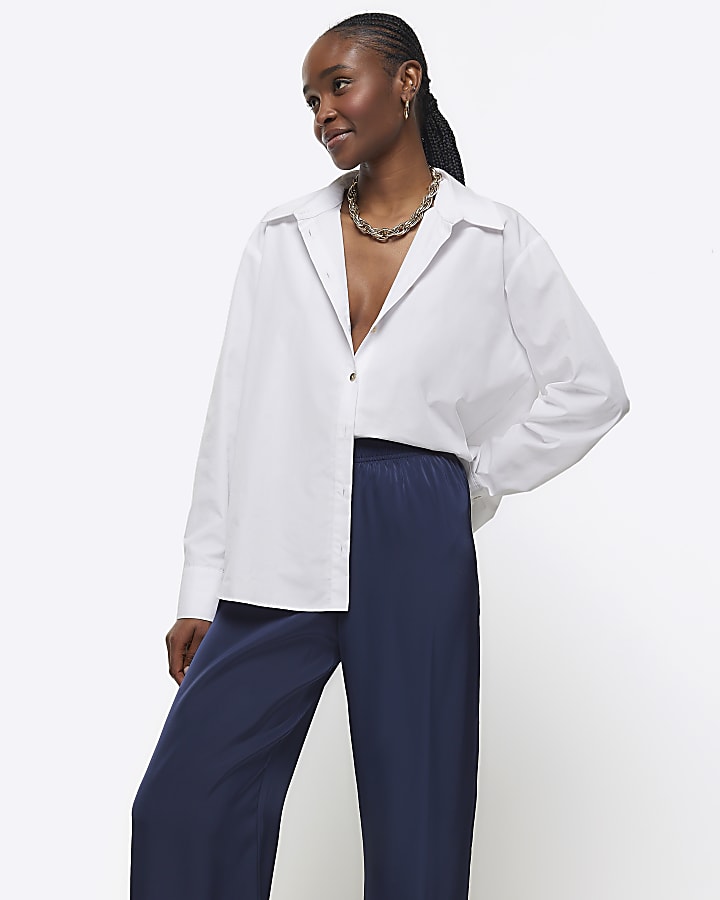 Navy satin wide leg trousers