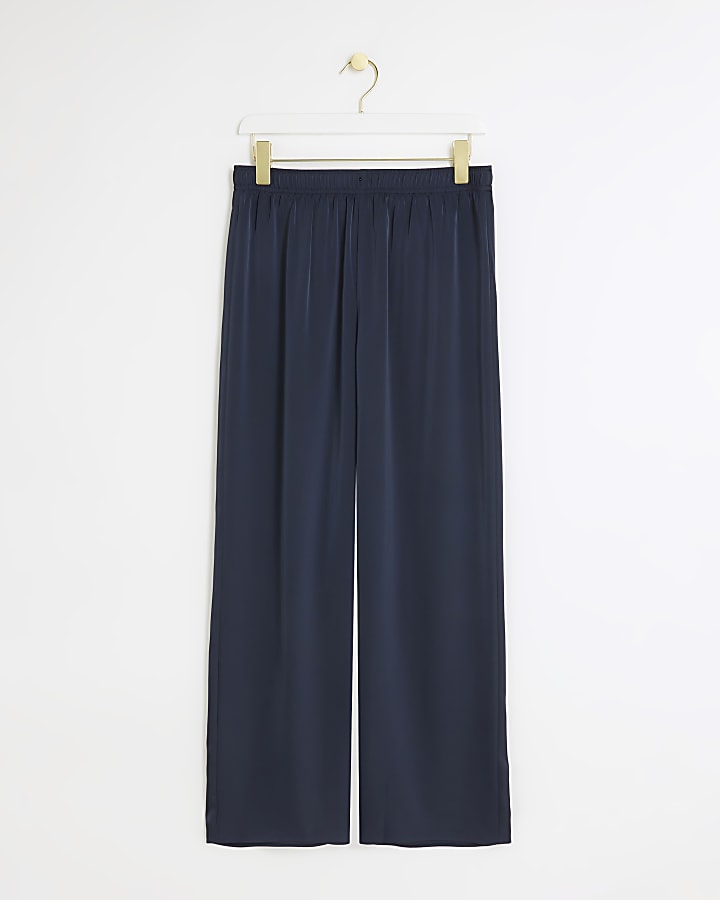 Navy satin wide leg trousers