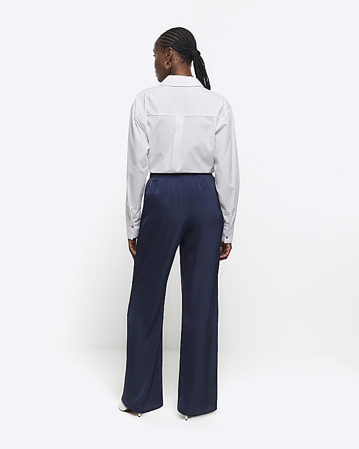 Navy satin wide leg trousers