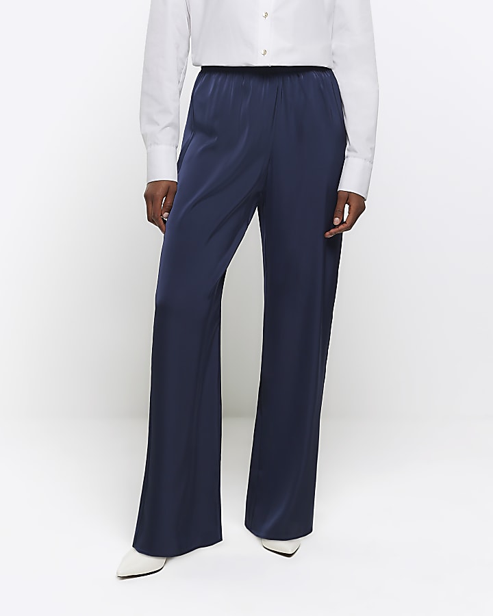 Navy satin wide leg trousers