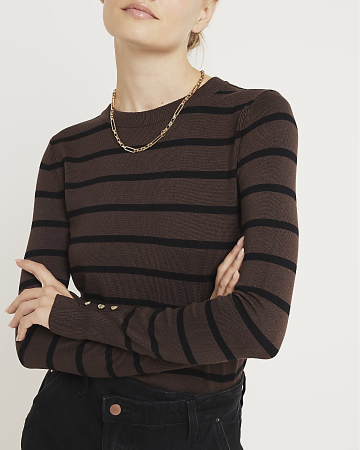 Brown stipe crew neck top