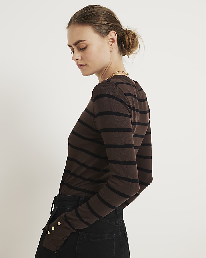 Brown stipe crew neck top