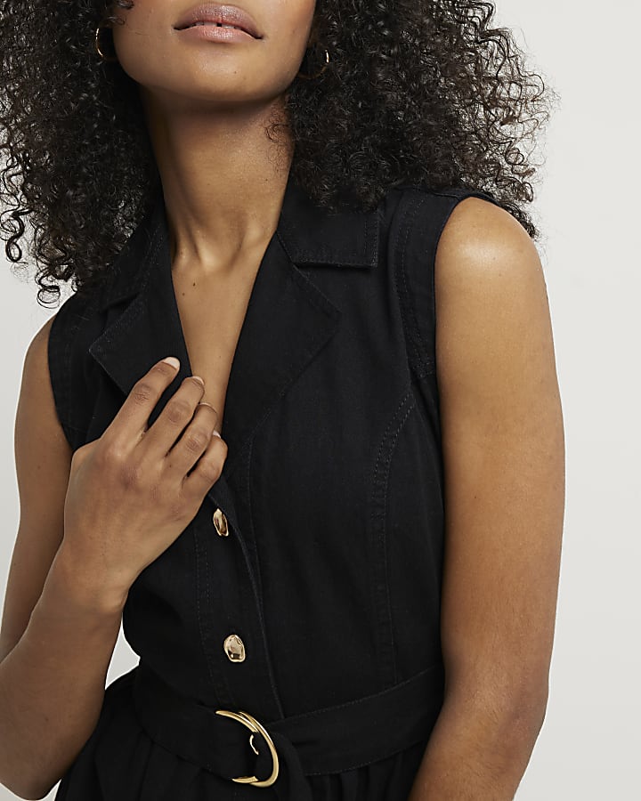 Black denim belted dress hotsell