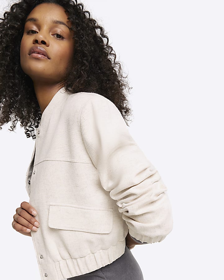Beige linen blend tailored bomber jacket