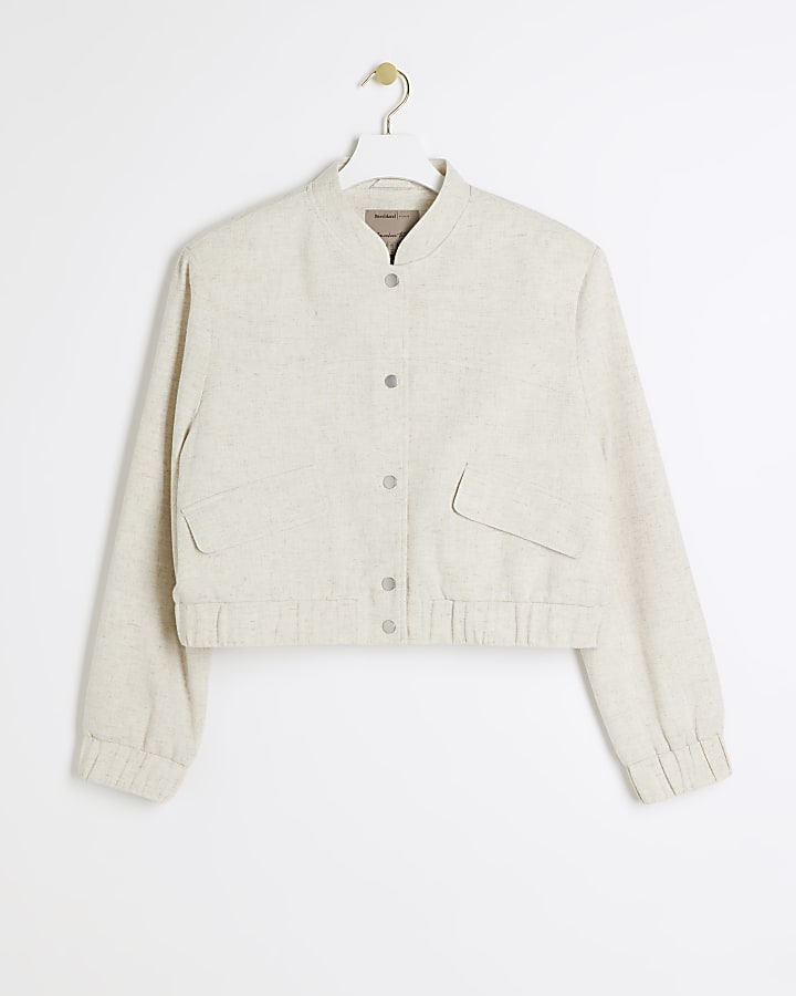 Beige linen blend tailored bomber jacket