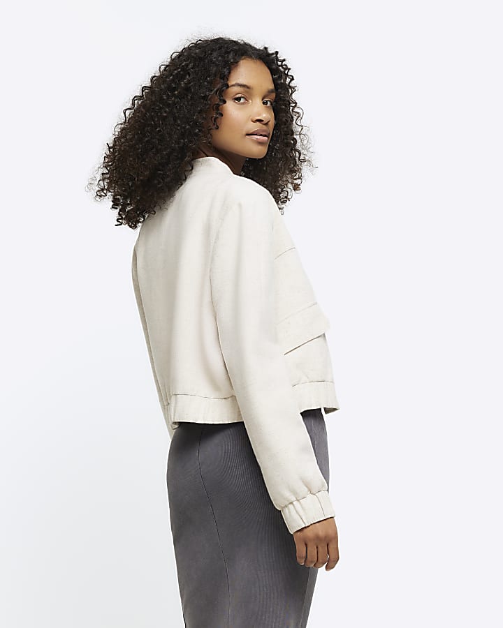 Beige linen blend tailored bomber jacket