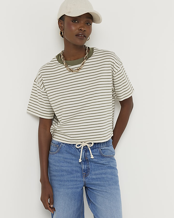 Khaki stripe crop t-shirt