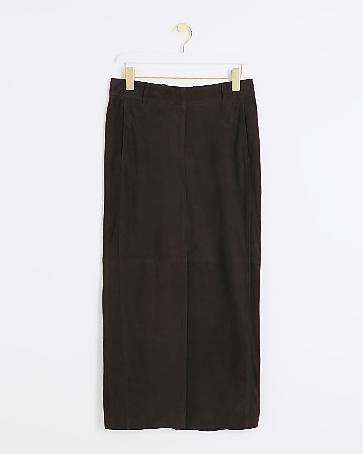 Brown suede split maxi skirt