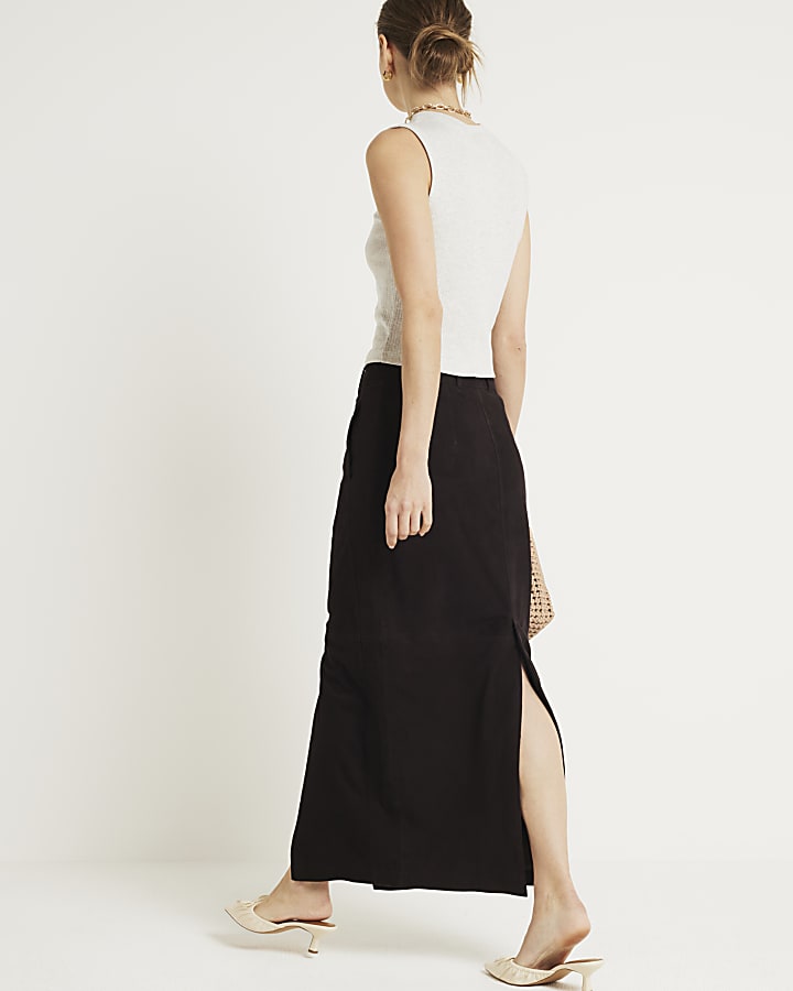 Brown suede split maxi skirt