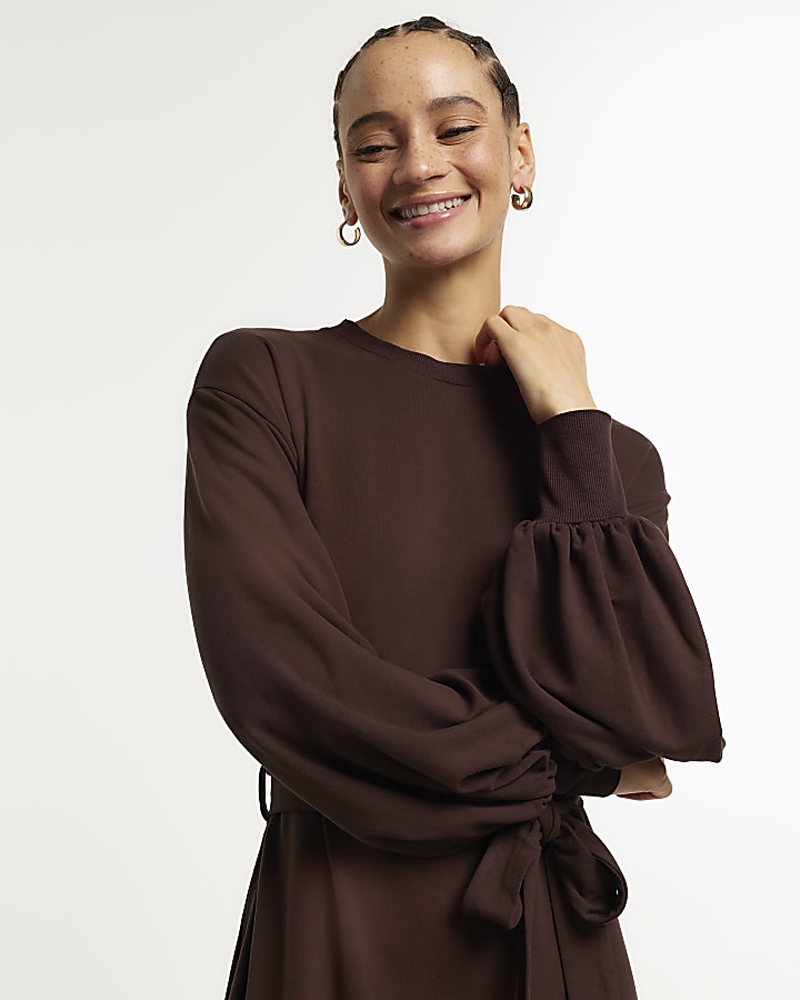 Brown tie waist sweatshirt midi dress