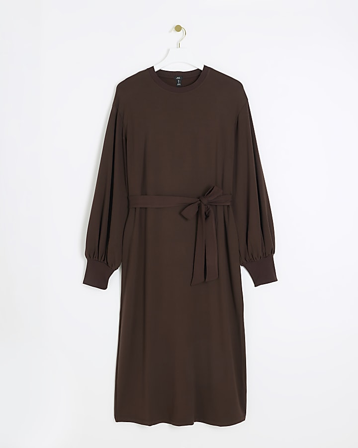 Brown tie waist sweatshirt midi dress