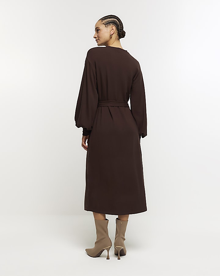 Brown tie waist sweatshirt midi dress