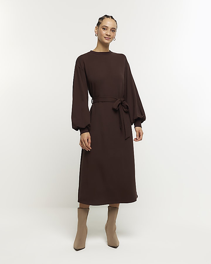 Brown tie waist sweatshirt midi dress