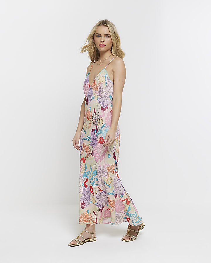 Petite Pink floral sequin slip maxi dress