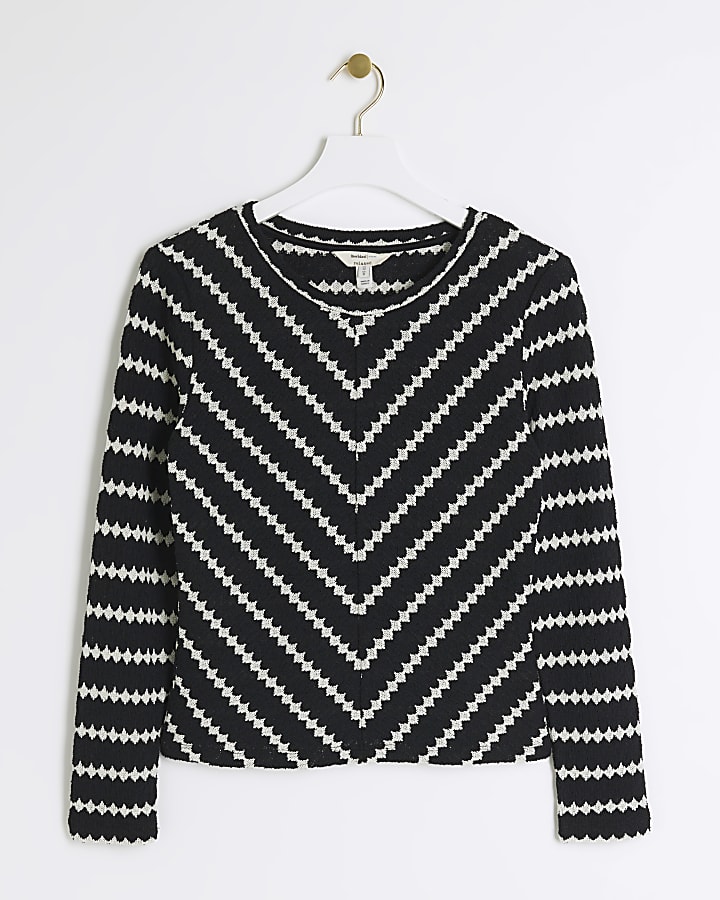 Petite black crochet stripe long sleeve top