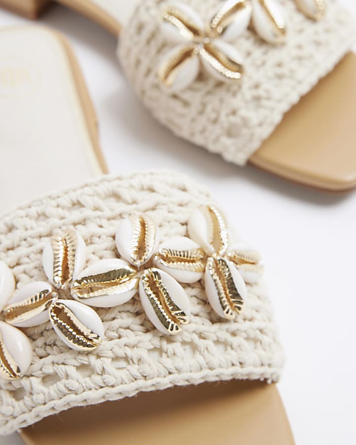 Cream crochet embellished mule sandals