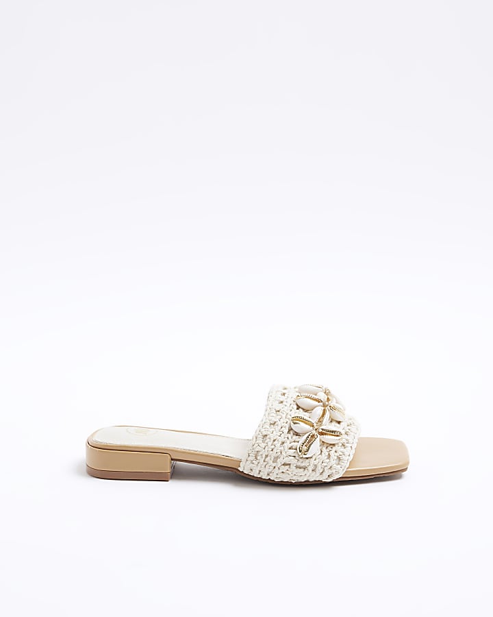 Cream crochet embellished mule sandals