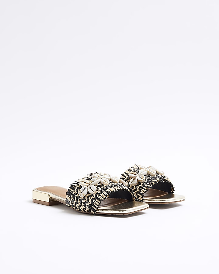 Beige raffia strap mule sandals