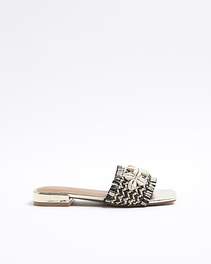 Beige raffia strap mule sandals