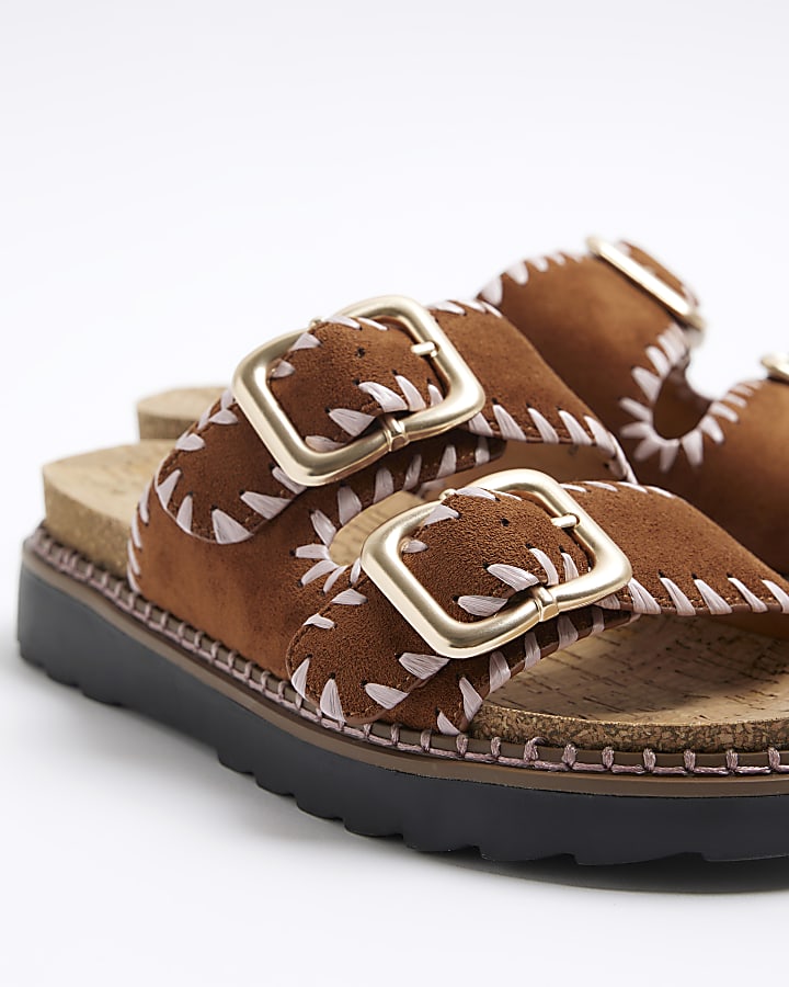 Brown Stitched Double Buckle Sandals