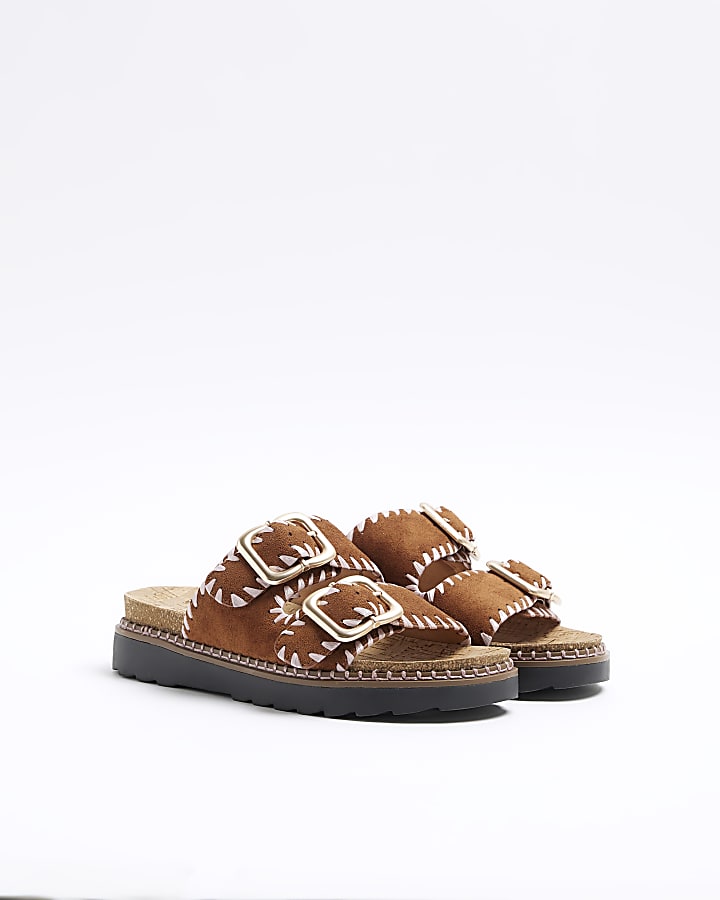 Brown Stitched Double Buckle Sandals