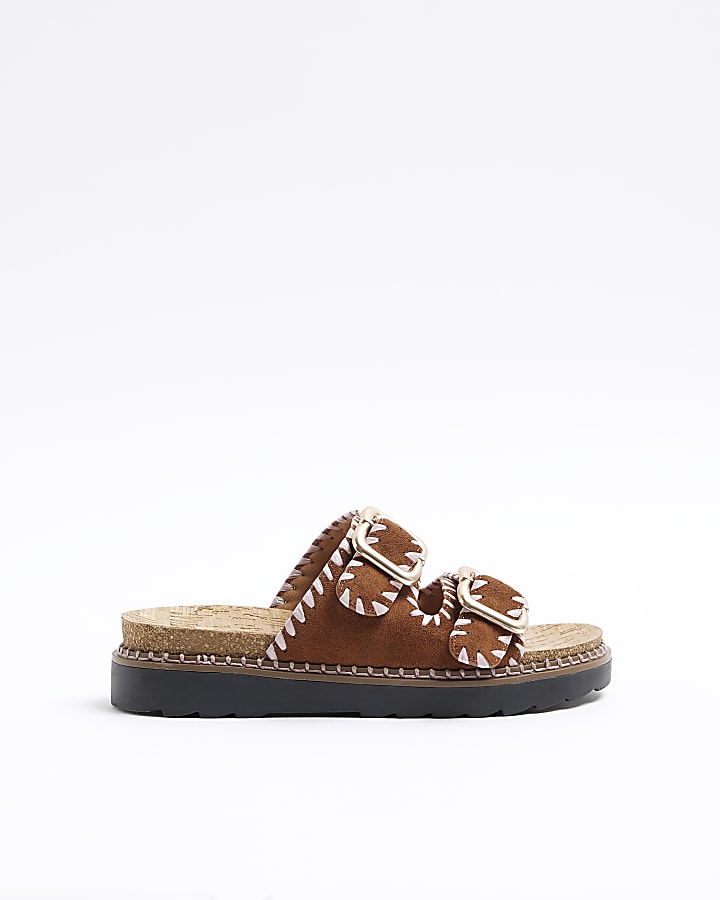 Brown Stitched Double Buckle Sandals