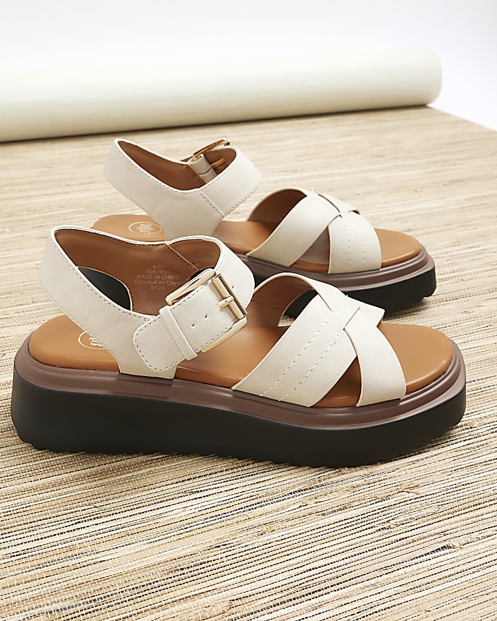 Beige cross strap flatform sandals