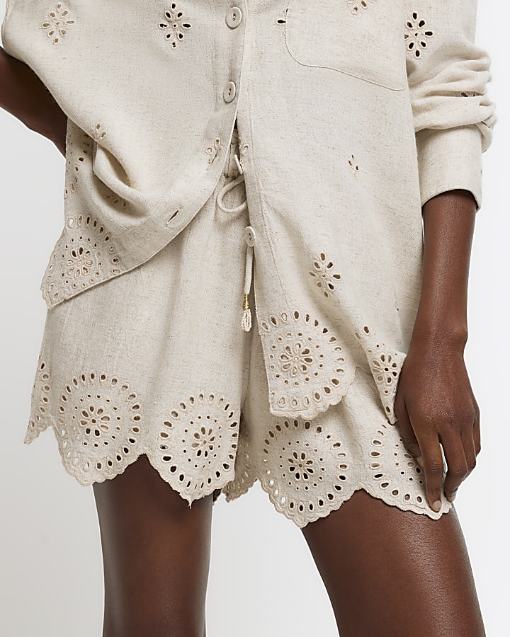 Stone linen blend broderie shorts