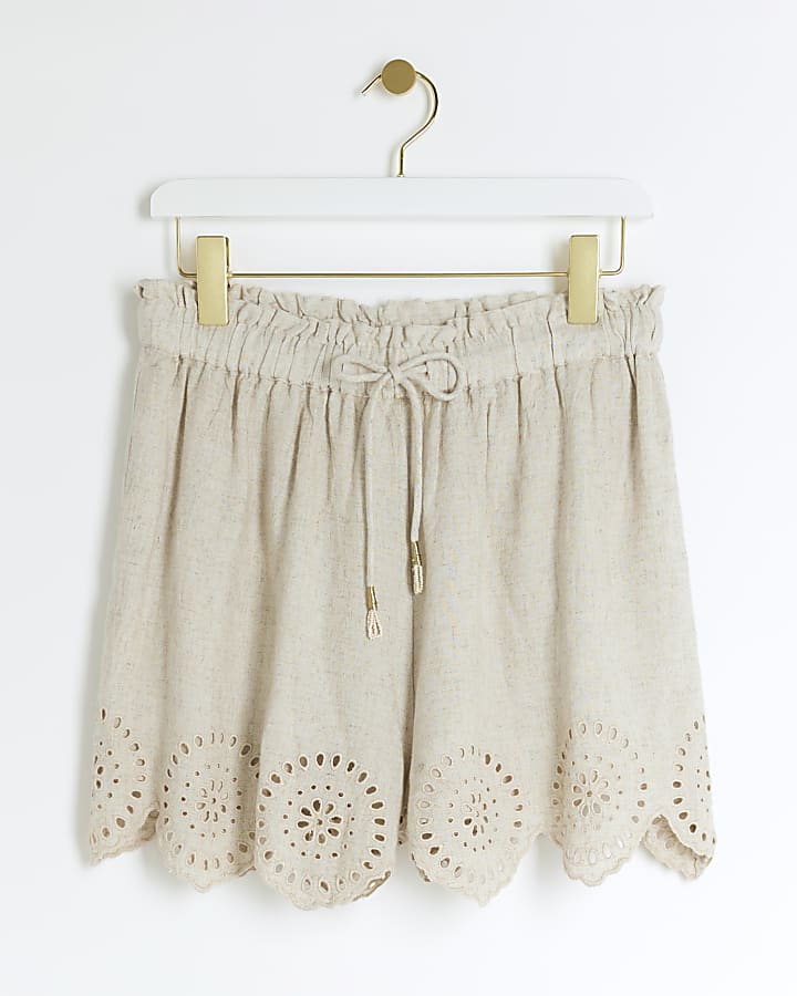 Stone linen blend broderie shorts