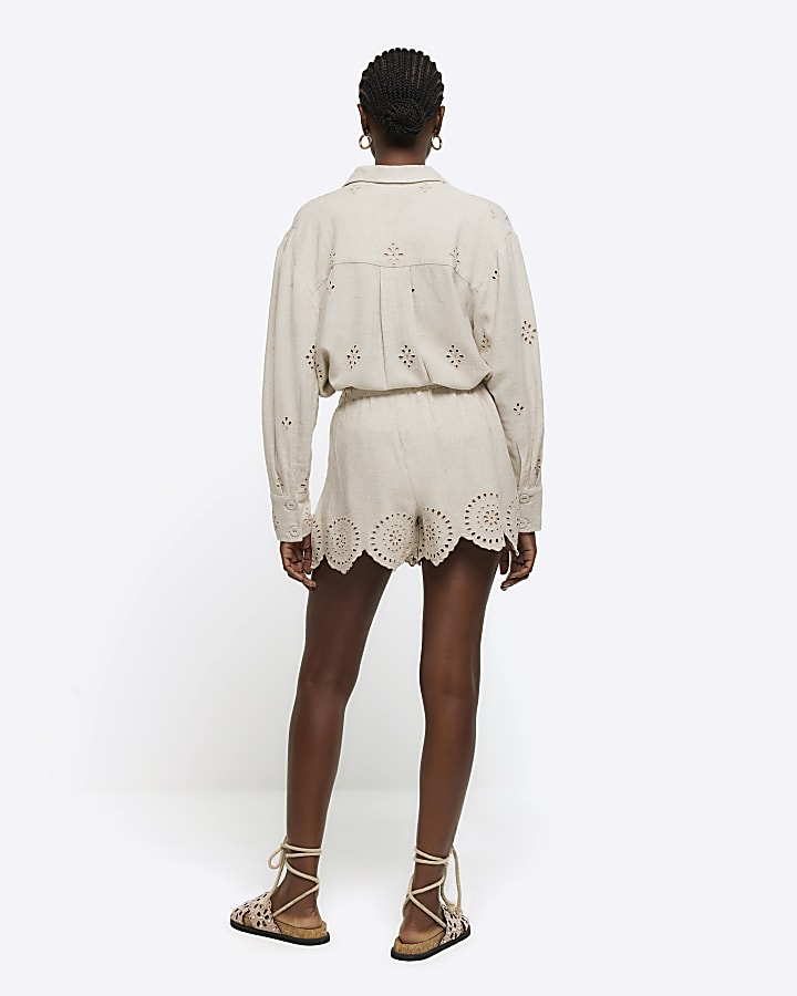 Stone linen blend broderie shorts